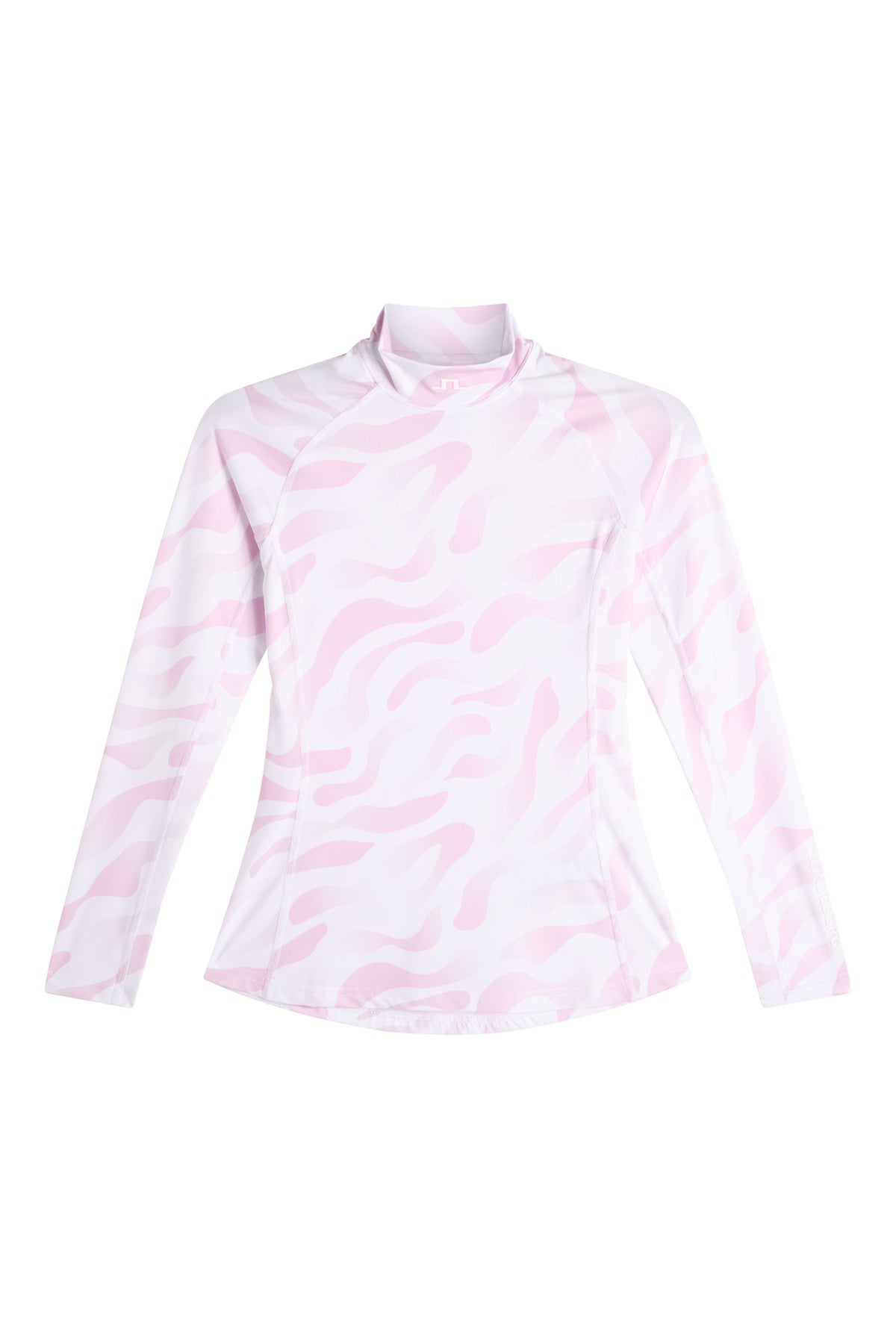 J.Lindeberg Ella Print Compression Top – detalle de estilo de vida que muestra el estampado y el cuello alto