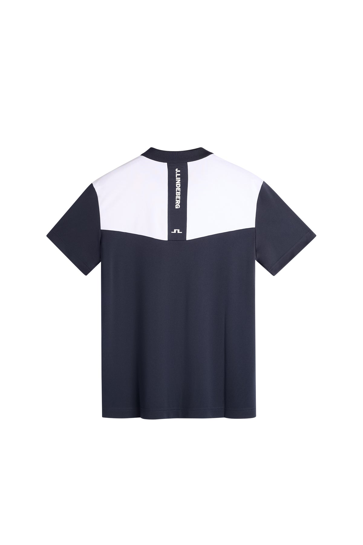 J.Lindeberg Calex Polo JL Navy – vista trasera mostrando panel de inserción de malla con estampado tonal J.Lindeberg