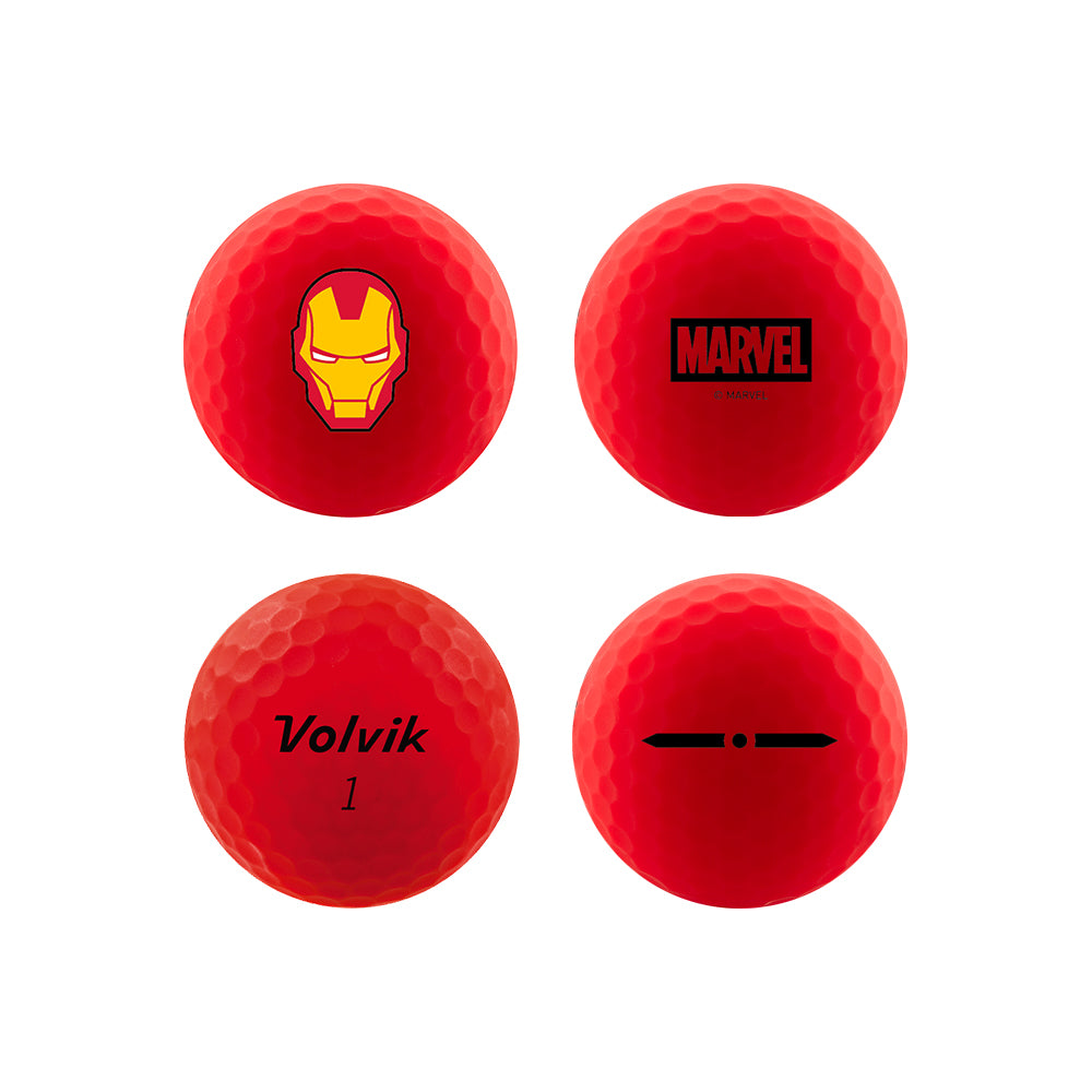 Bolas de golf Volvik Vimat Avengers mostrando los diseños de los héroes desde varios lados